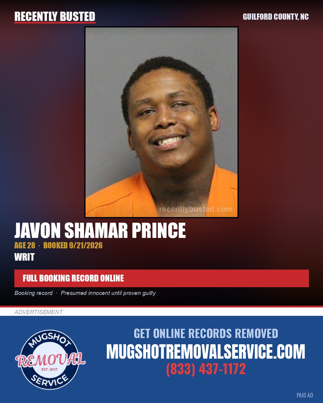 JAVON SHAMAR PRINCE — arrest record card, Guilford County, North Carolina