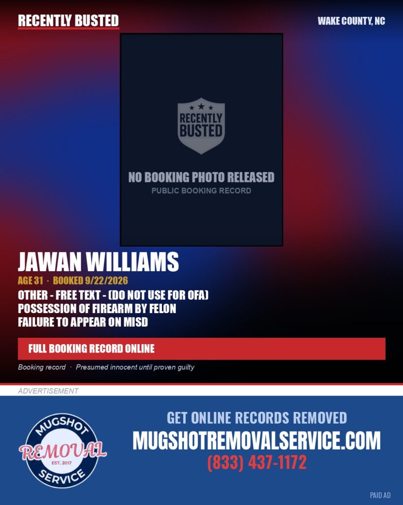 JAWAN WILLIAMS — arrest record card, Wake County, North Carolina