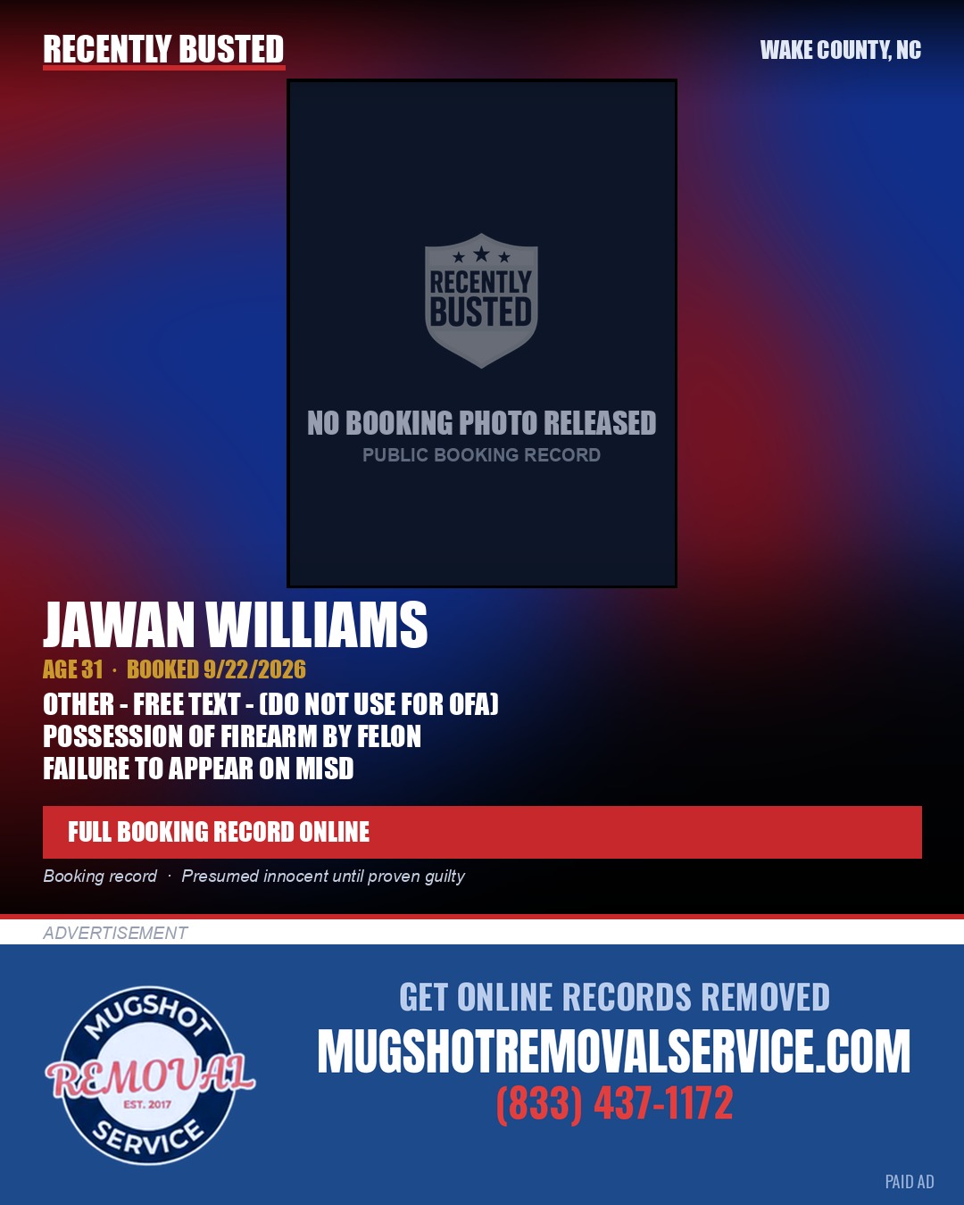 JAWAN WILLIAMS — arrest record card, Wake County, North Carolina