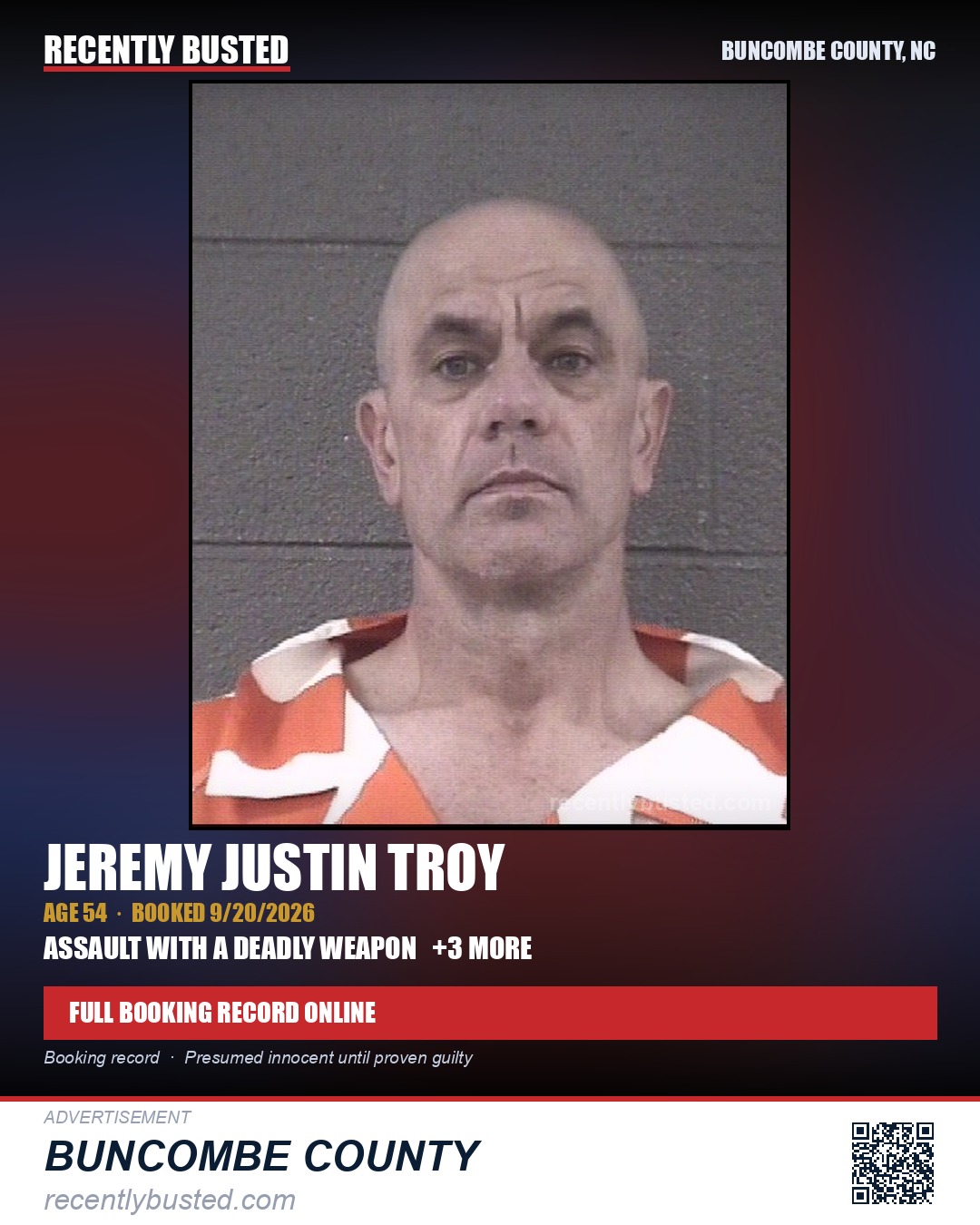 JEREMY JUSTIN TROY — arrest record card, Buncombe County, North Carolina