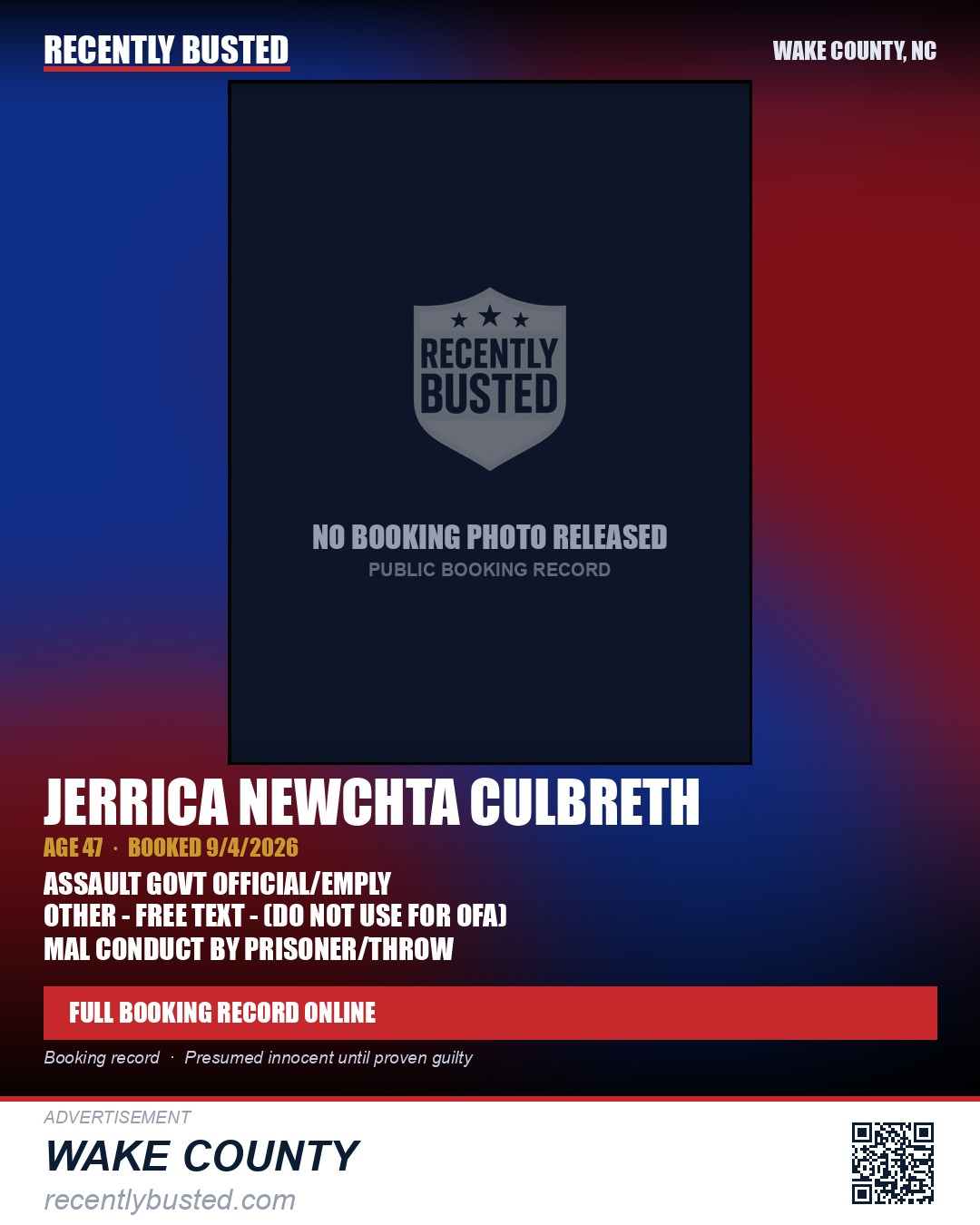 JERRICA NEWCHTA CULBRETH — arrest record card, Wake County, North Carolina