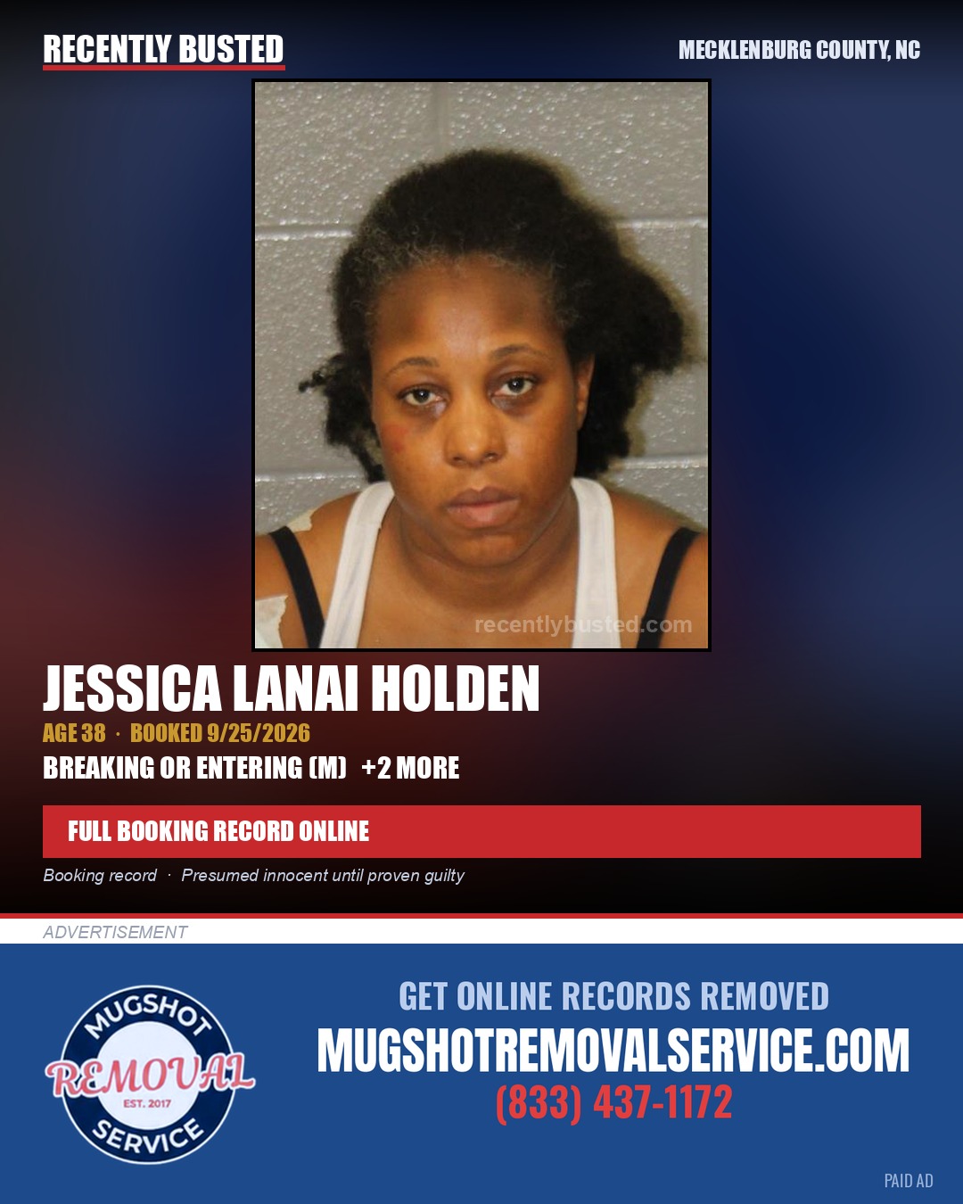JESSICA LANAI HOLDEN — arrest record card, Mecklenburg County, North Carolina