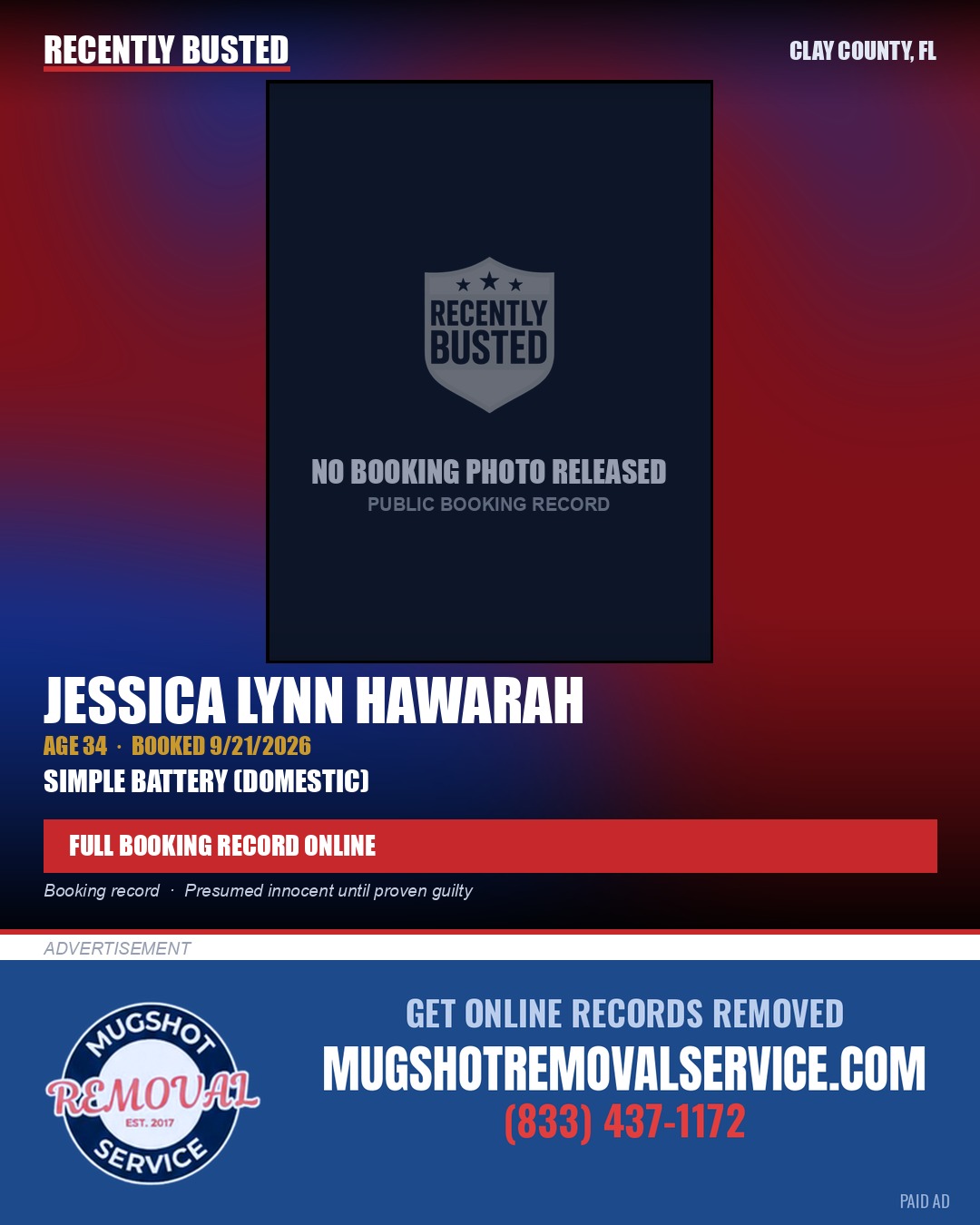 JESSICA LYNN HAWARAH — arrest record card, Clay County, Florida