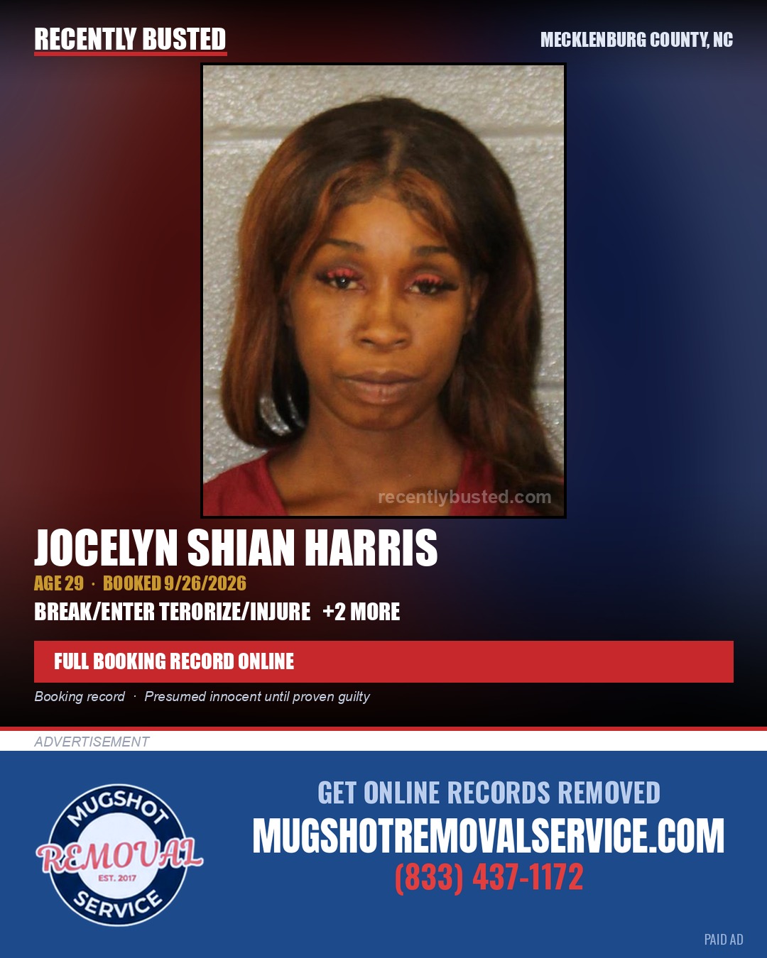 JOCELYN SHIAN HARRIS — arrest record card, Mecklenburg County, North Carolina
