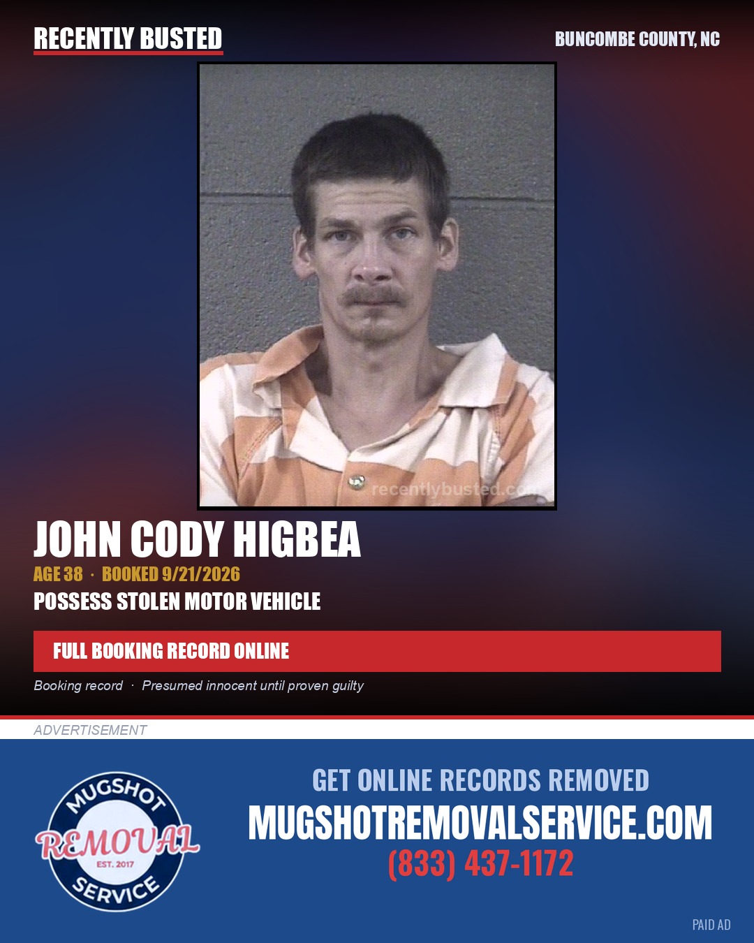 JOHN CODY HIGBEA — arrest record card, Buncombe County, North Carolina