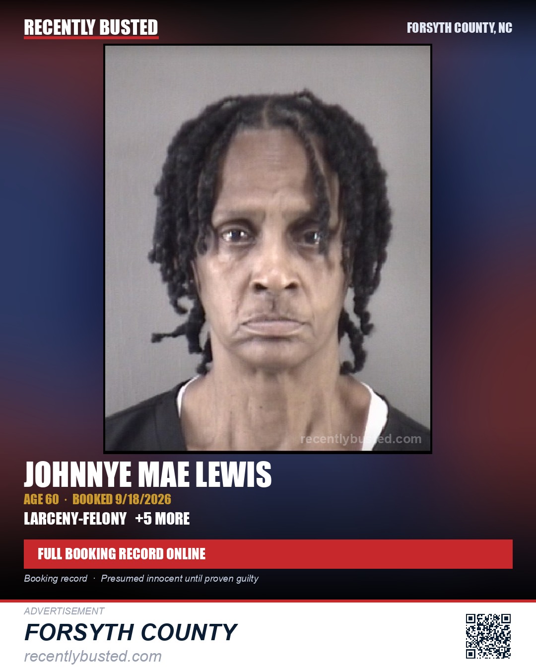 JOHNNYE MAE LEWIS — arrest record card, Forsyth County, North Carolina