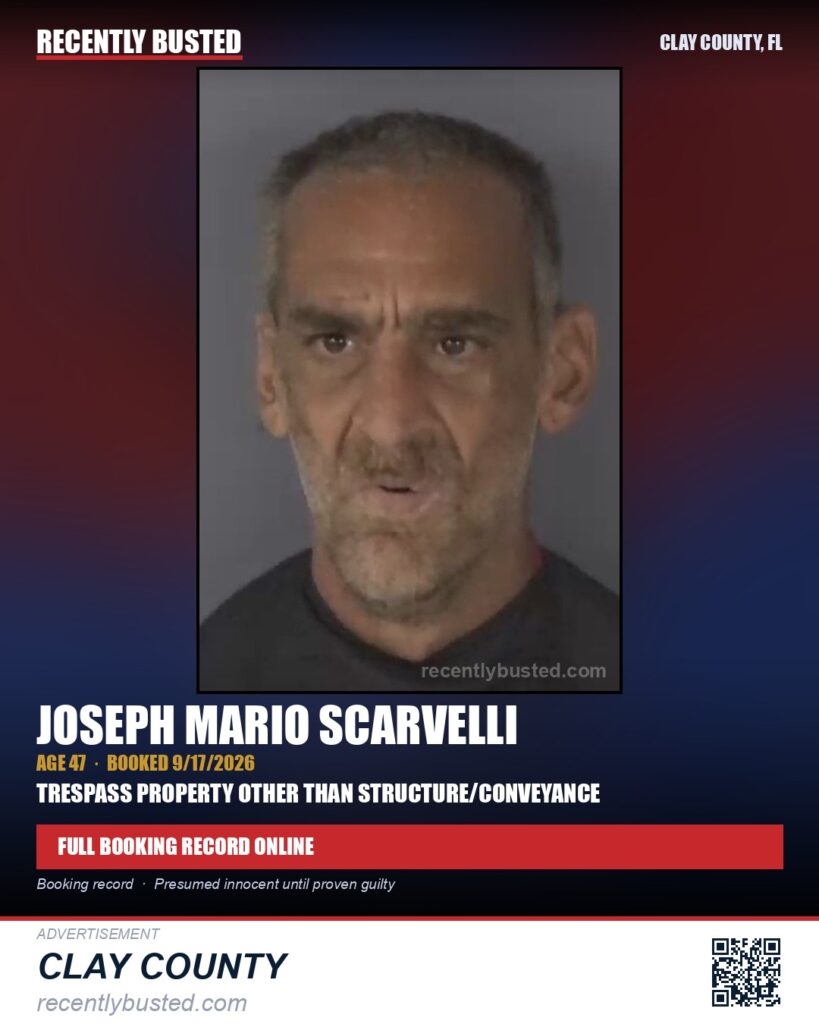 JOSEPH MARIO SCARVELLI — arrest record card, Clay County, Florida