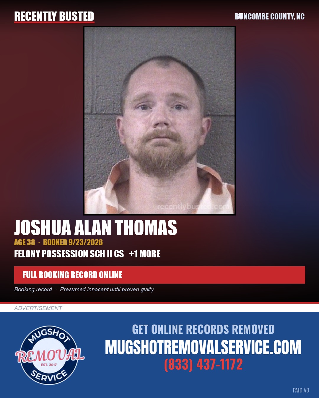 JOSHUA ALAN THOMAS — arrest record card, Buncombe County, North Carolina