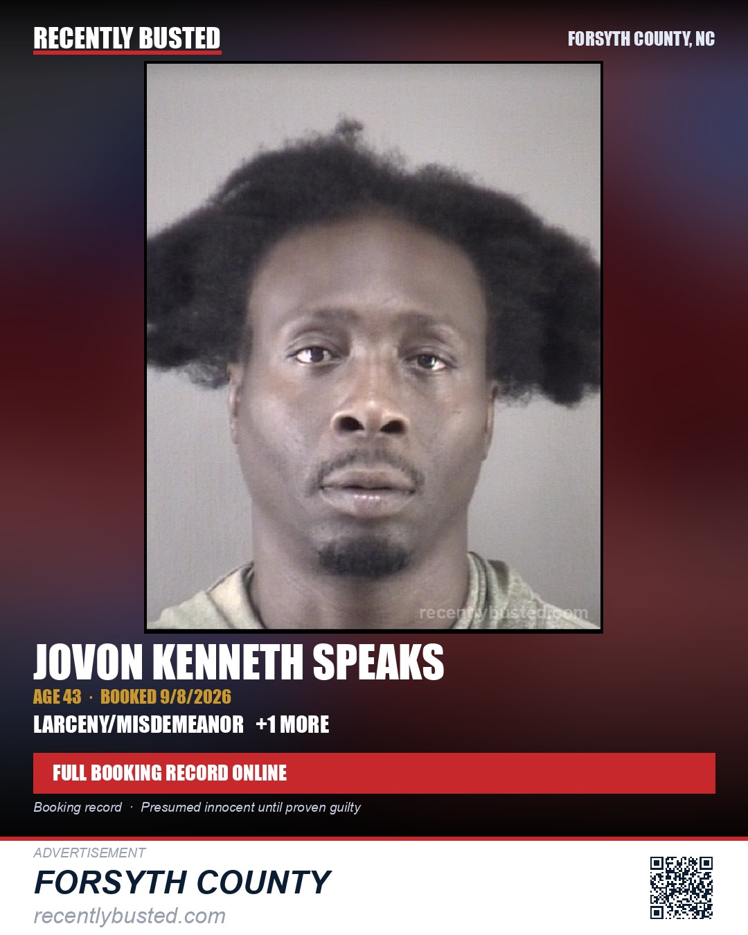 JOVON KENNETH SPEAKS — arrest record card, Forsyth County, North Carolina