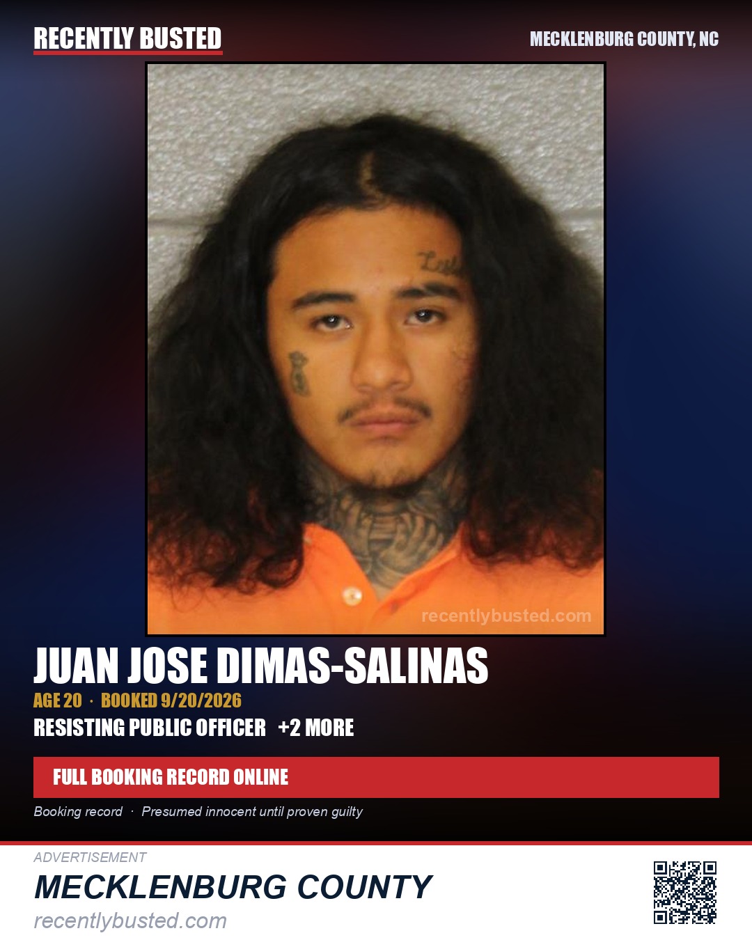 JUAN JOSE DIMAS-SALINAS — arrest record card, Mecklenburg County, North Carolina