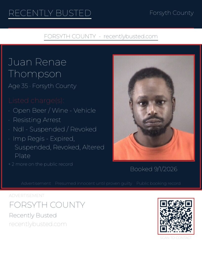 JUAN RENAE THOMPSON — arrest record card, Forsyth County, North Carolina
