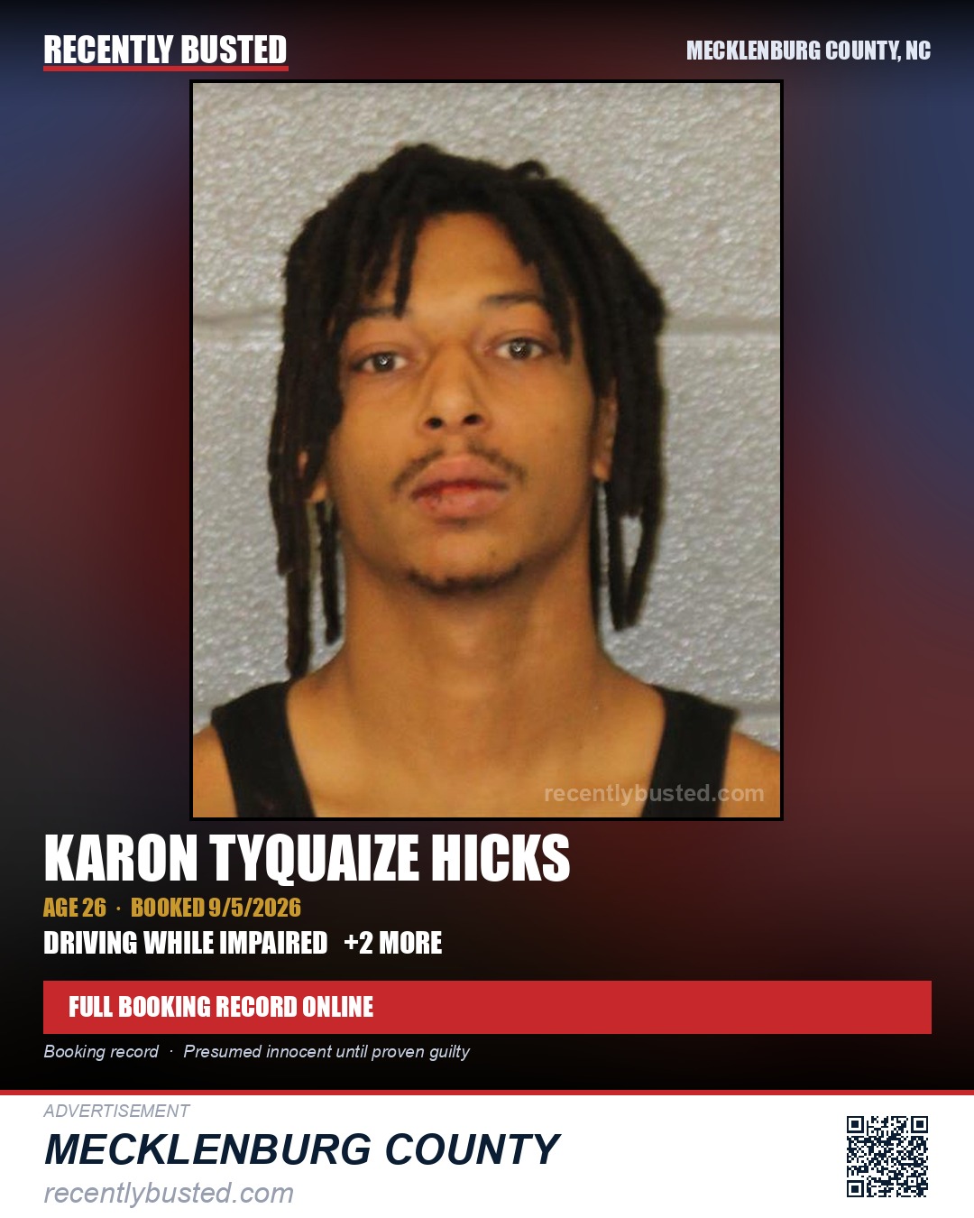 KARON TYQUAIZE HICKS — arrest record card, Mecklenburg County, North Carolina