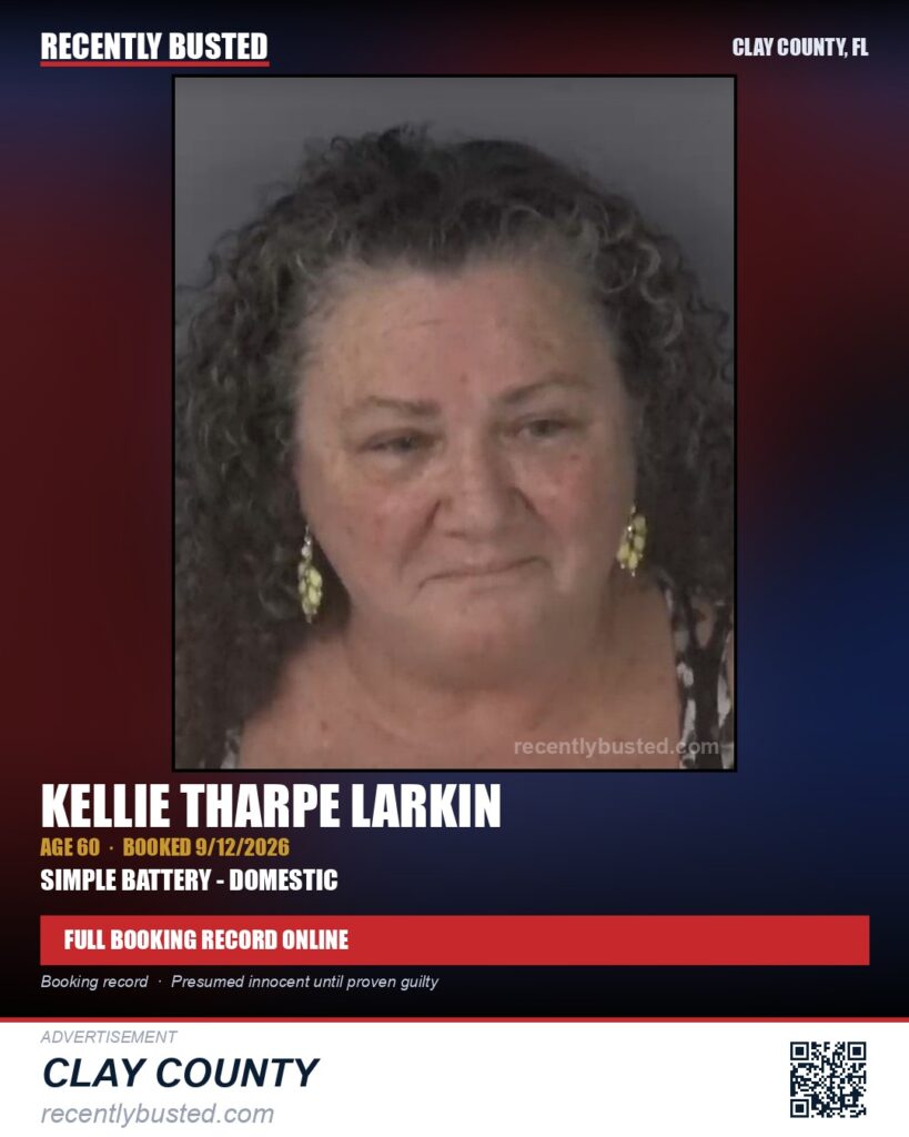 KELLIE THARPE LARKIN — arrest record card, Clay County, Florida
