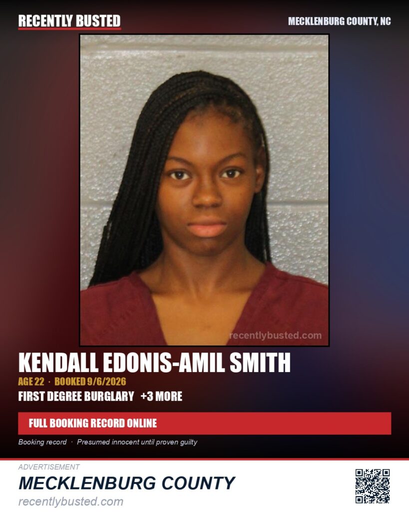 KENDALL EDONIS-AMIL SMITH — arrest record card, Mecklenburg County, North Carolina