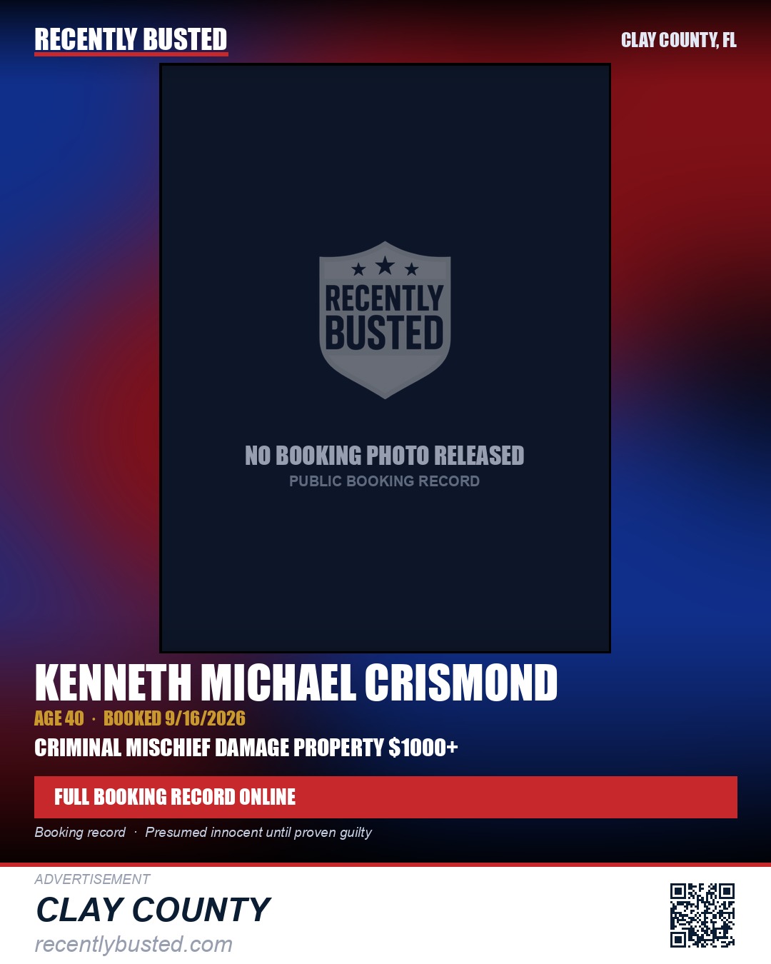 KENNETH MICHAEL CRISMOND — arrest record card, Clay County, Florida