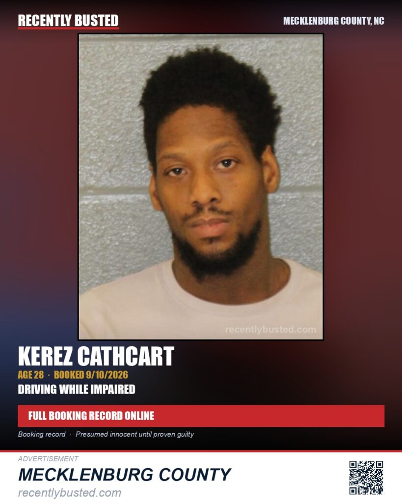 KEREZ CATHCART — arrest record card, Mecklenburg County, North Carolina