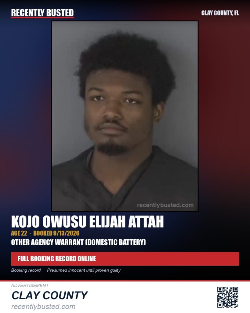 KOJO OWUSU ELIJAH ATTAH — arrest record card, Clay County, Florida