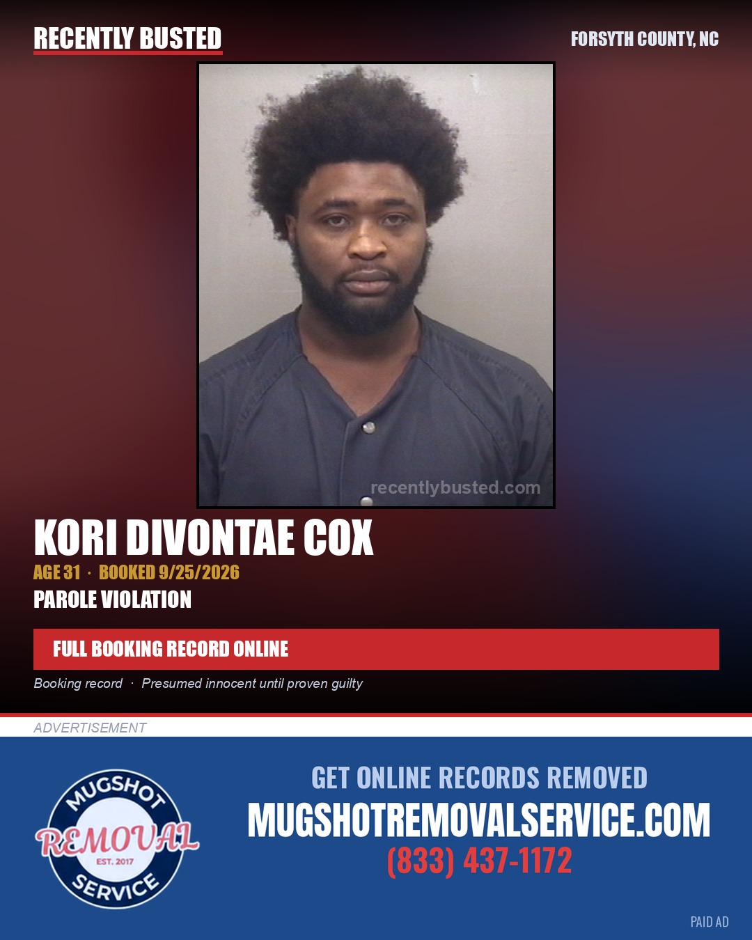 KORI DIVONTAE COX — arrest record card, Forsyth County, North Carolina