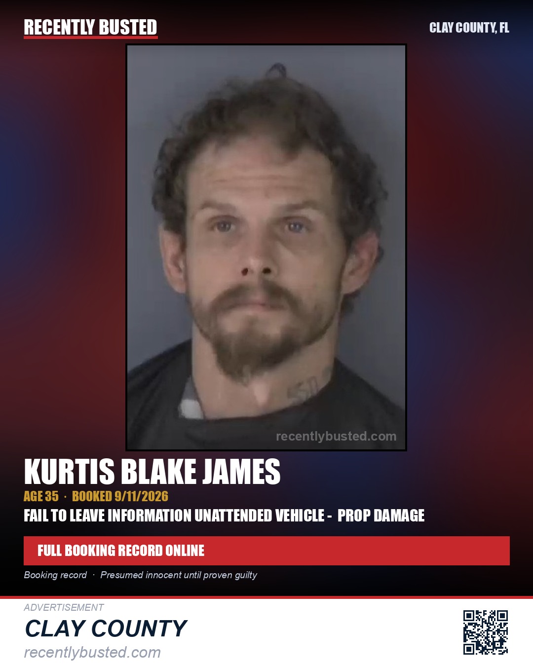 KURTIS BLAKE JAMES — arrest record card, Clay County, Florida