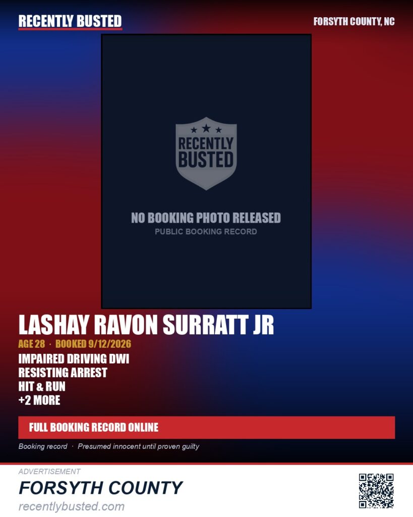 LASHAY RAVON SURRATT JR — arrest record card, Forsyth County, North Carolina