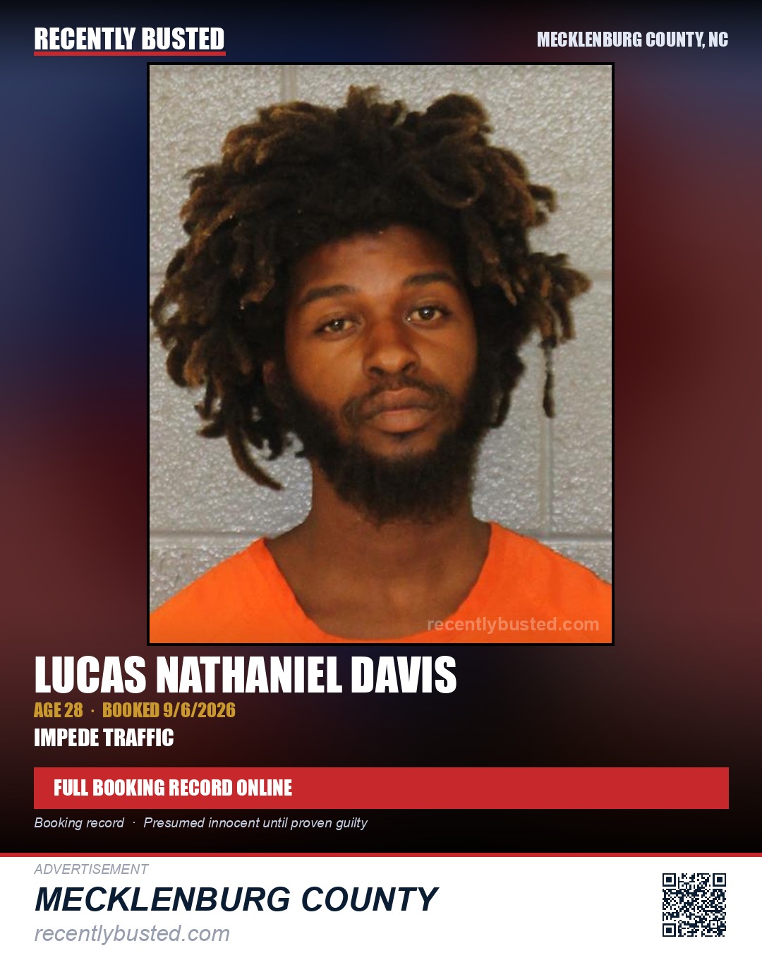 LUCAS NATHANIEL DAVIS — arrest record card, Mecklenburg County, North Carolina