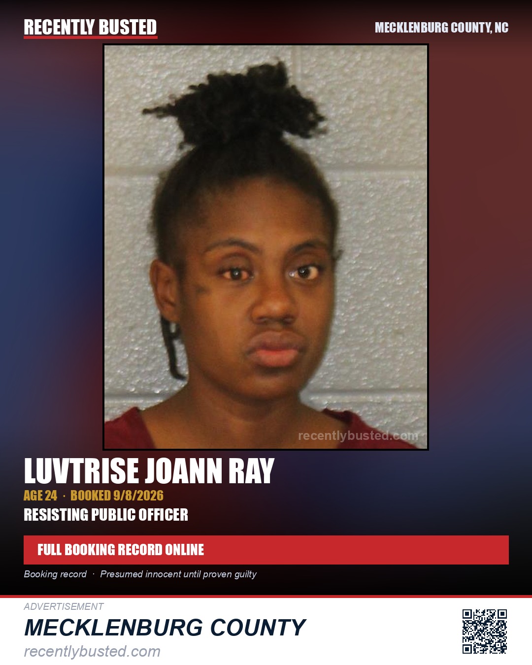 LUVTRISE JOANN RAY — arrest record card, Mecklenburg County, North Carolina