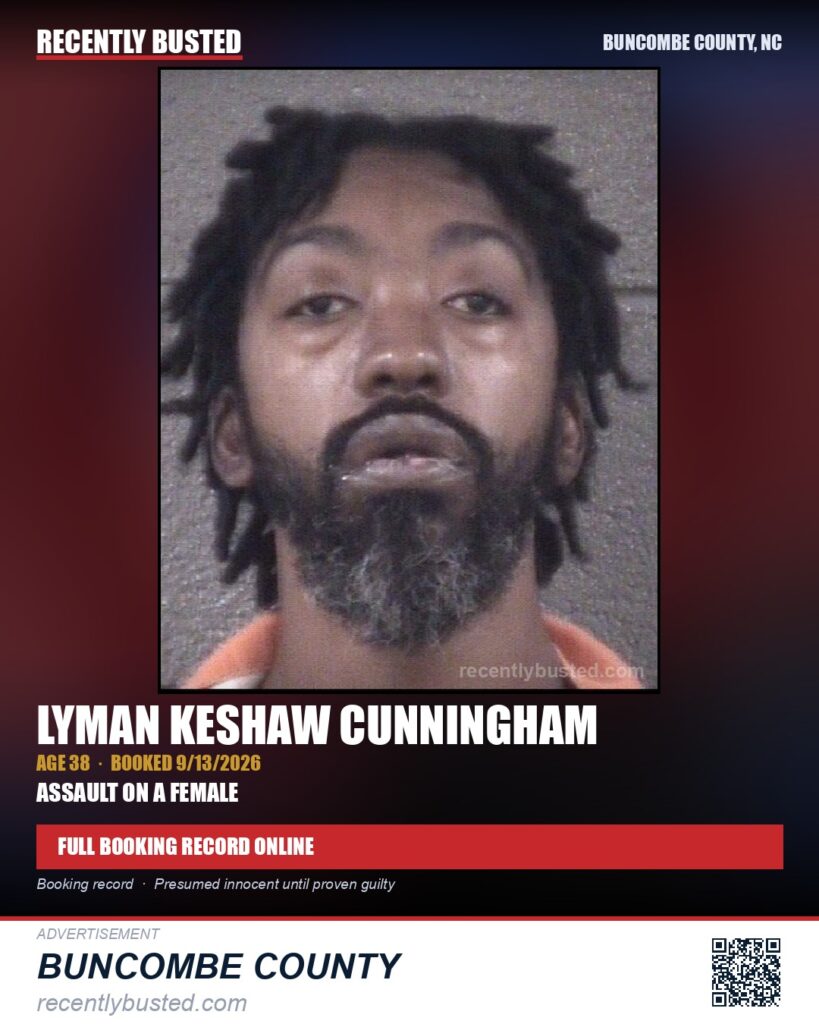 LYMAN KESHAW CUNNINGHAM — arrest record card, Buncombe County, North Carolina