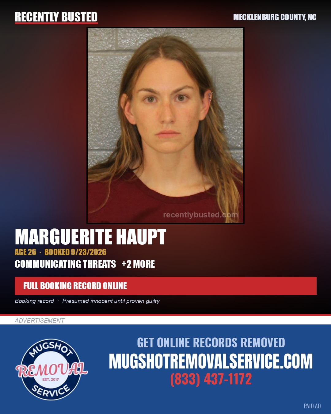 MARGUERITE HAUPT — arrest record card, Mecklenburg County, North Carolina