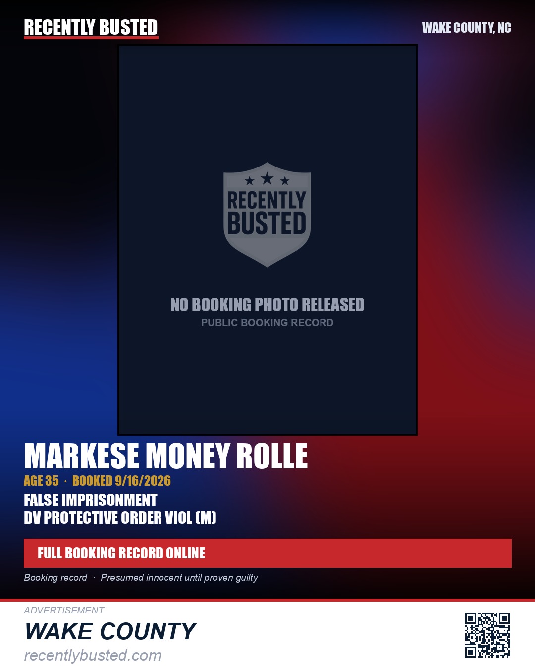 MARKESE MONEY ROLLE — arrest record card, Wake County, North Carolina