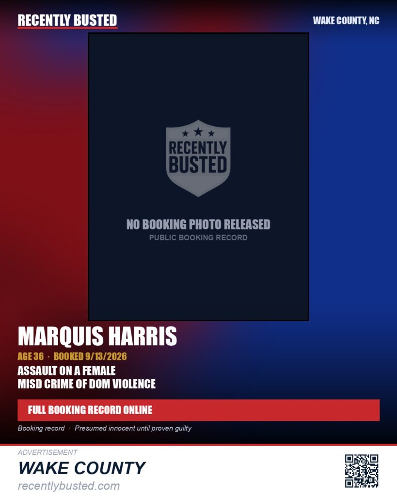 MARQUIS HARRIS — arrest record card, Wake County, North Carolina