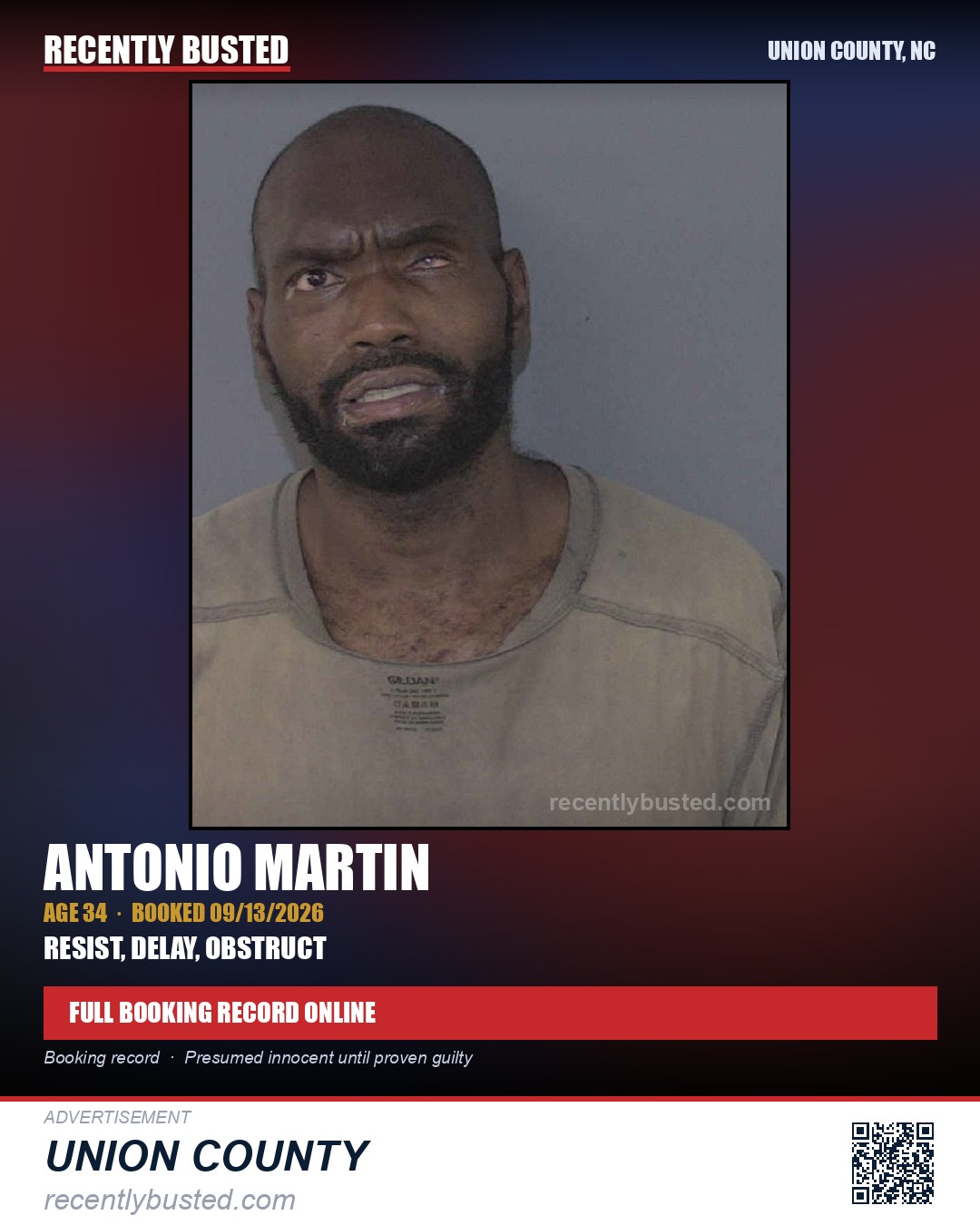 MARTIN, ANTONIO — arrest record card, Union County, North Carolina