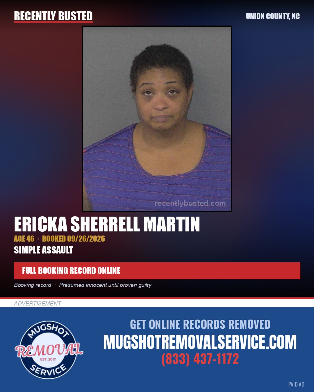 MARTIN, ERICKA SHERRELL — arrest record card, Union County, North Carolina