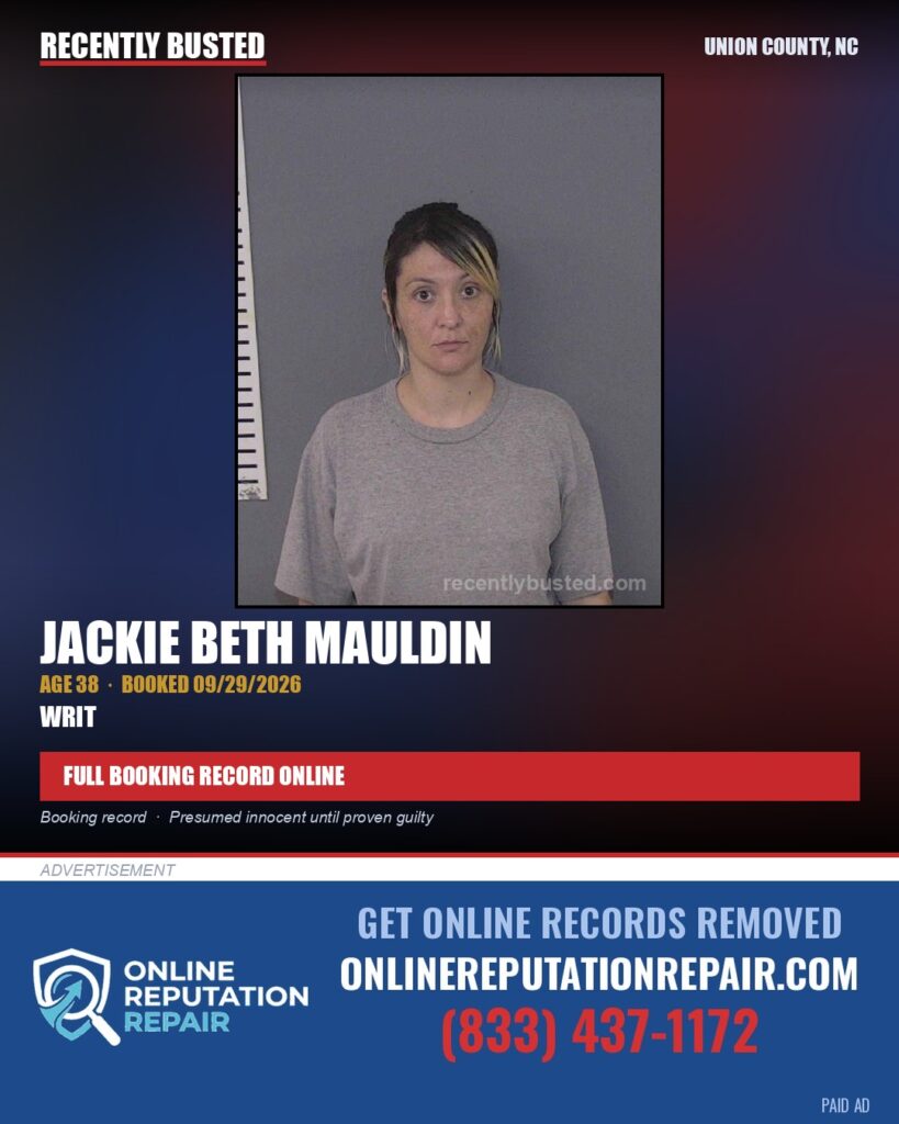 MAULDIN, JACKIE BETH — arrest record card, Union County, North Carolina