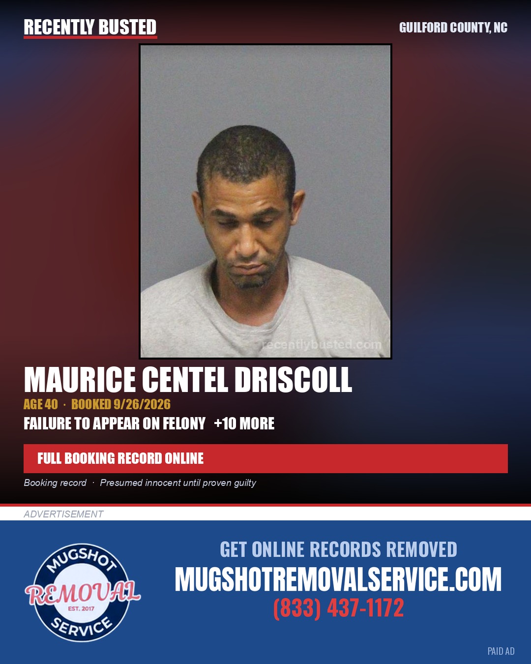 MAURICE CENTEL DRISCOLL — arrest record card, Guilford County, North Carolina