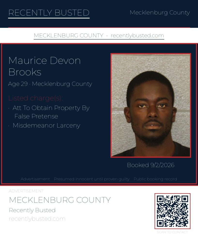 MAURICE DEVON BROOKS — arrest record card, Mecklenburg County, North Carolina