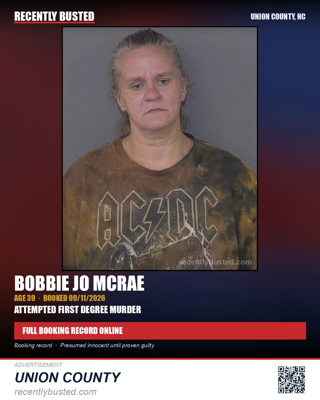MCRAE, BOBBIE JO — arrest record card, Union County, North Carolina