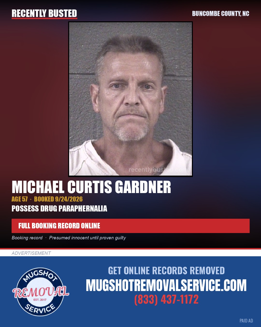 MICHAEL CURTIS GARDNER — arrest record card, Buncombe County, North Carolina