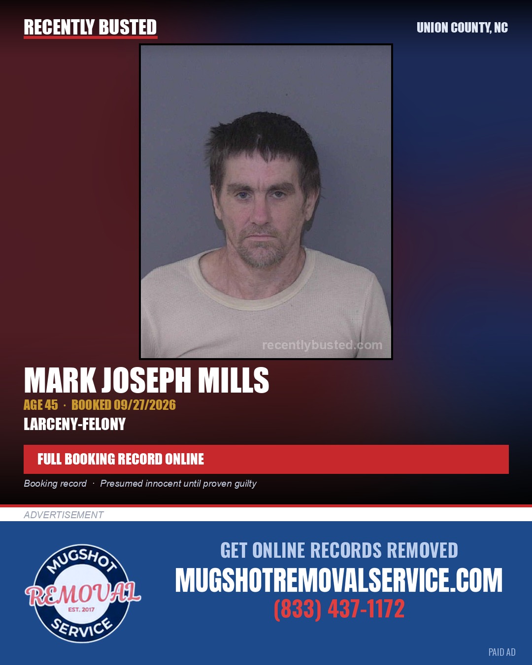 MILLS, MARK JOSEPH — arrest record card, Union County, North Carolina