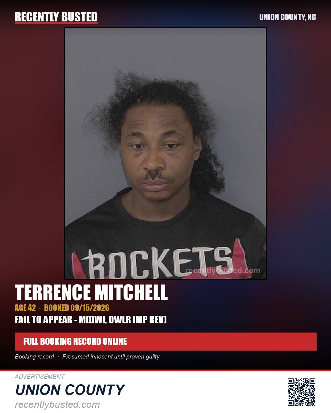 MITCHELL, TERRENCE — arrest record card, Union County, North Carolina