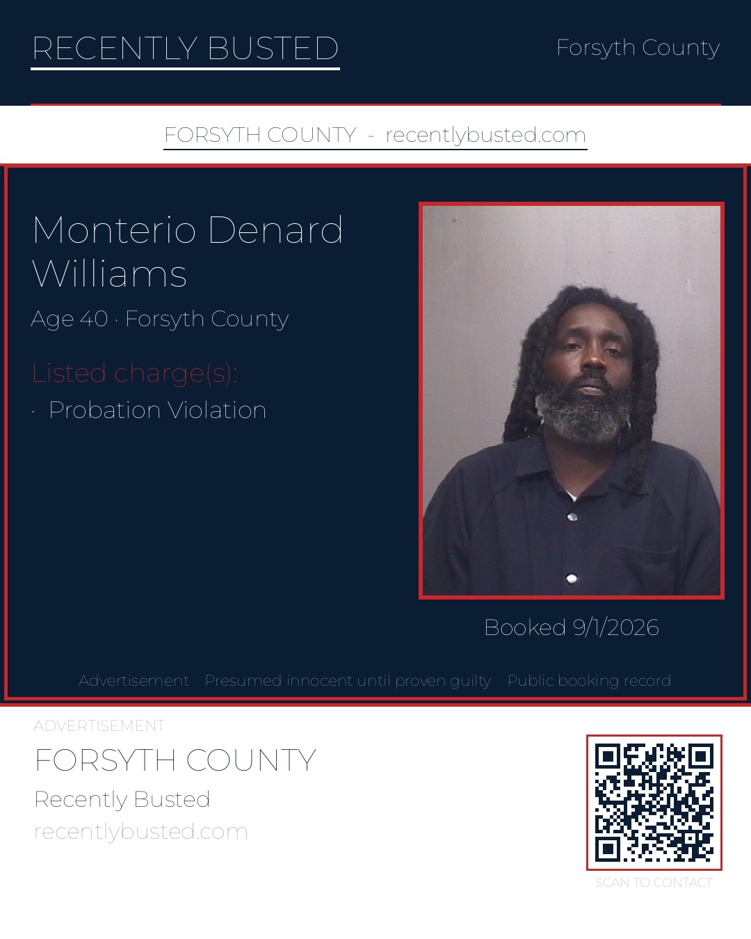 MONTERIO DENARD WILLIAMS — arrest record card, Forsyth County, North Carolina