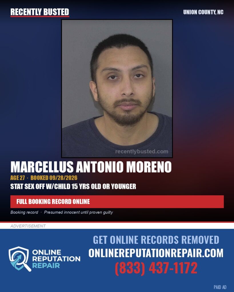MORENO, MARCELLUS ANTONIO — arrest record card, Union County, North Carolina