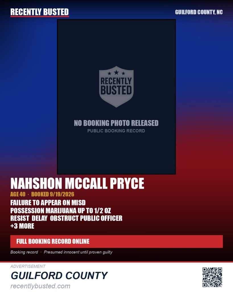 NAHSHON MCCALL PRYCE — arrest record card, Guilford County, North Carolina