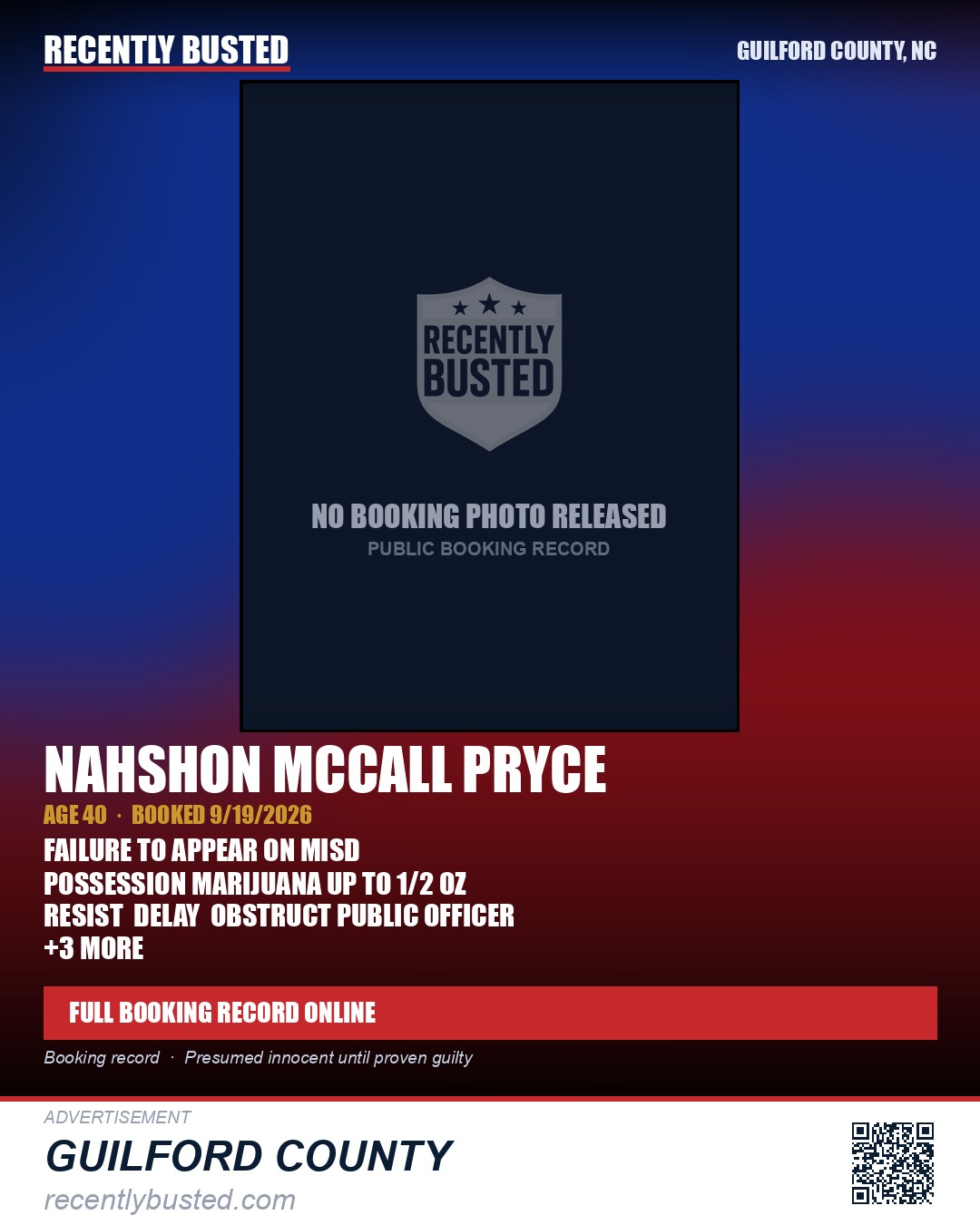NAHSHON MCCALL PRYCE — arrest record card, Guilford County, North Carolina