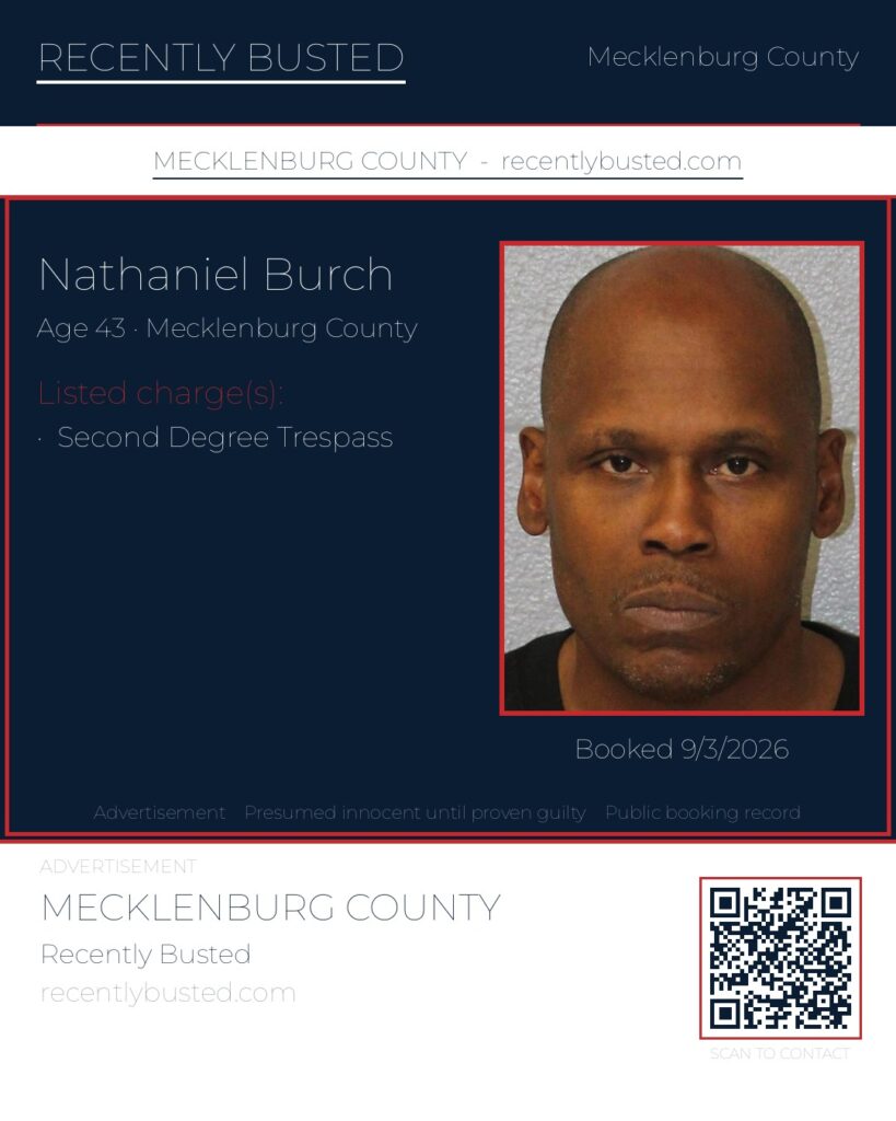 NATHANIEL BURCH — arrest record card, Mecklenburg County, North Carolina