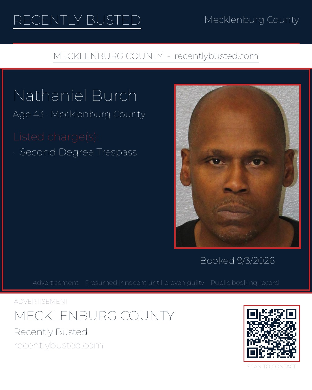 NATHANIEL BURCH — arrest record card, Mecklenburg County, North Carolina