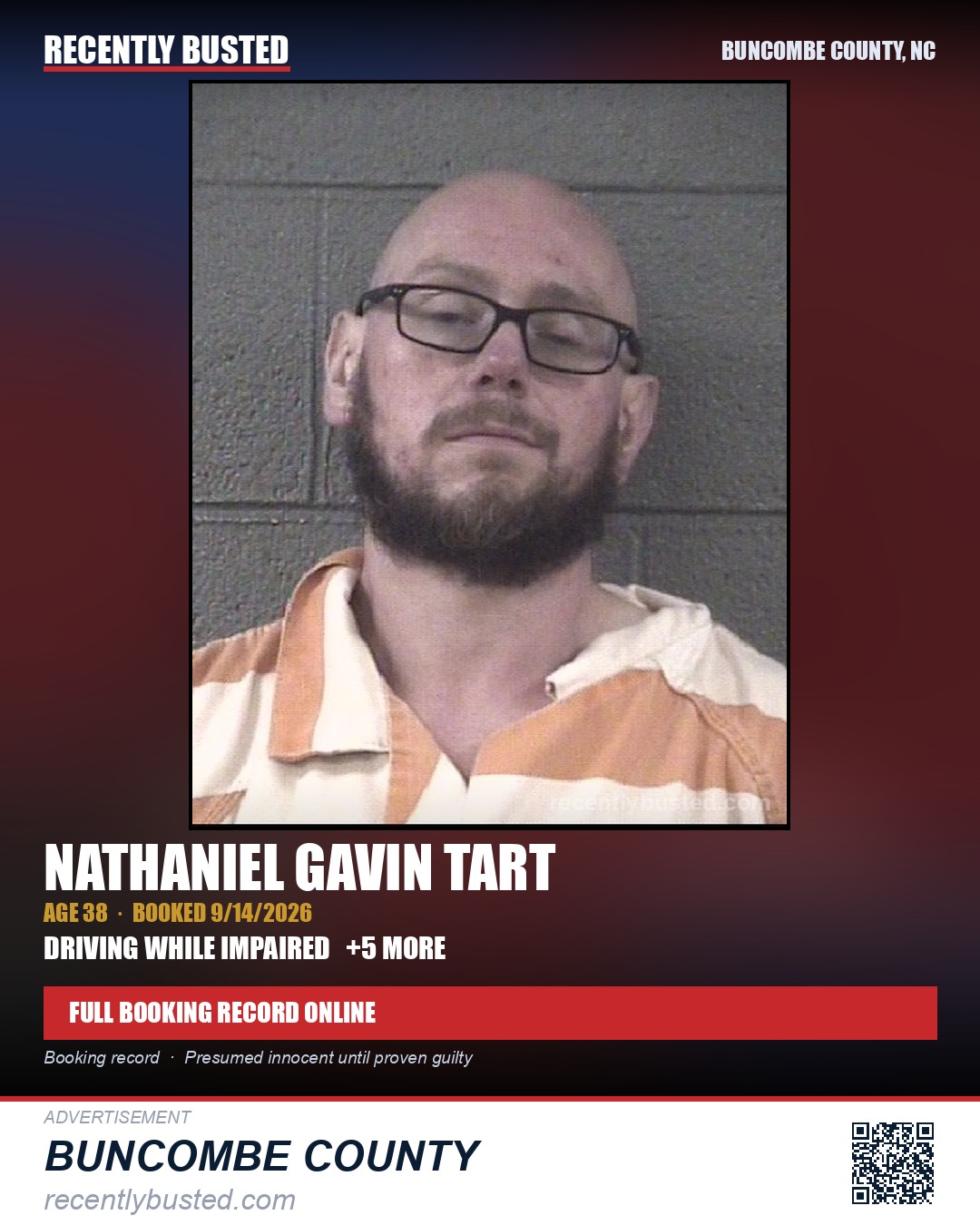 NATHANIEL GAVIN TART — arrest record card, Buncombe County, North Carolina