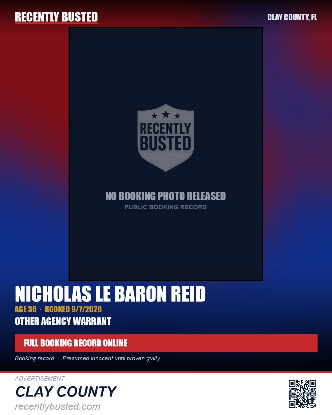 NICHOLAS LE BARON REID — arrest record card, Clay County, Florida