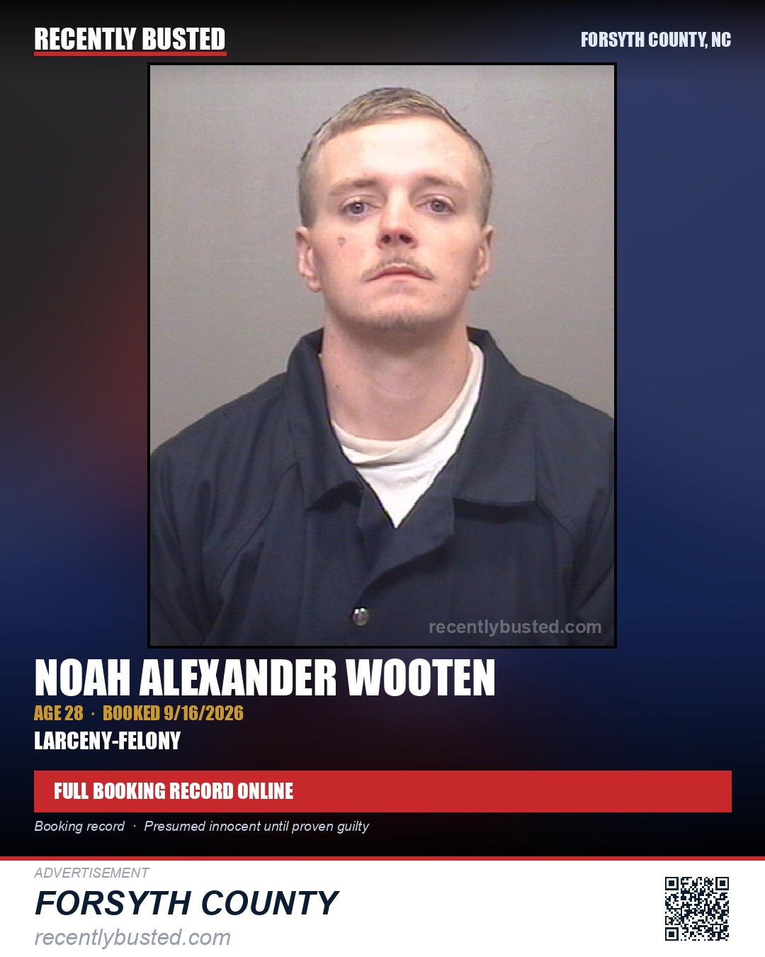 NOAH ALEXANDER WOOTEN — arrest record card, Forsyth County, North Carolina