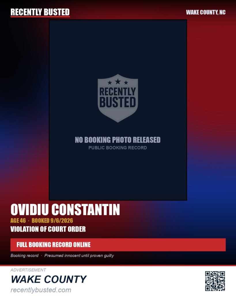 OVIDIU CONSTANTIN — arrest record card, Wake County, North Carolina