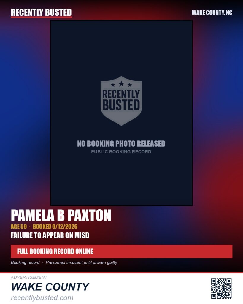 PAMELA B PAXTON — arrest record card, Wake County, North Carolina